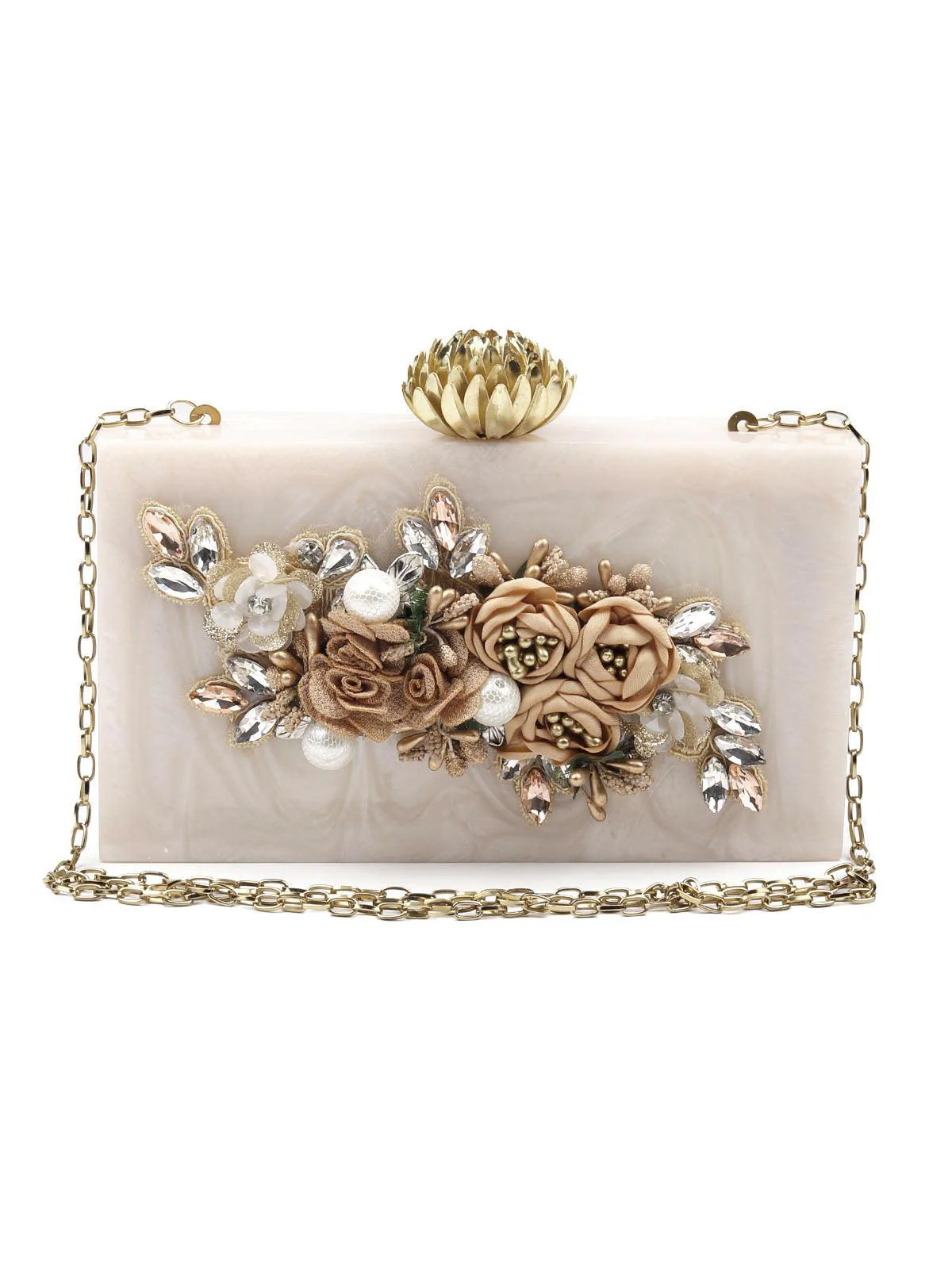 Odette Women Golden Resin Floral Embellished Box Clutch - Image 3