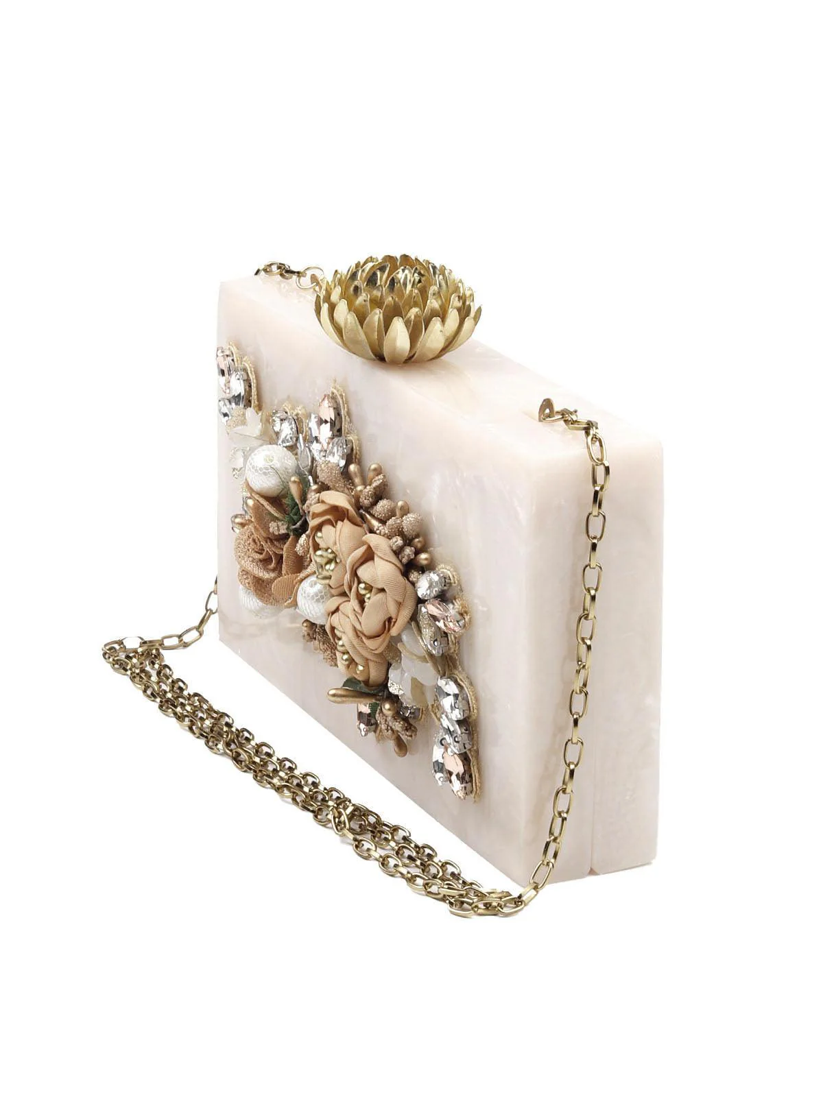 Odette Women Golden Resin Floral Embellished Box Clutch - Image 4