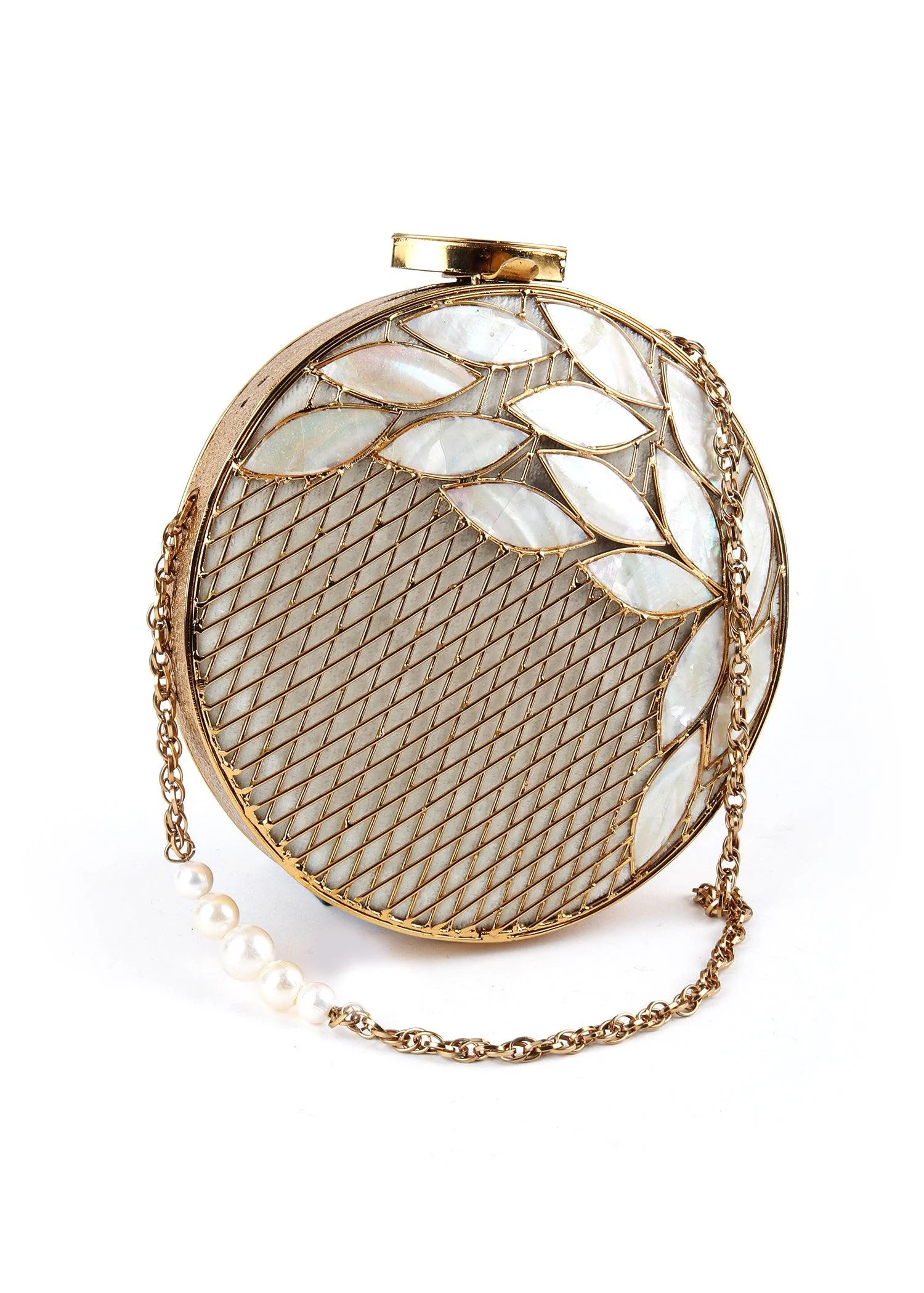 Odette Women Golden & White Metallic Round Clutch - Image 6