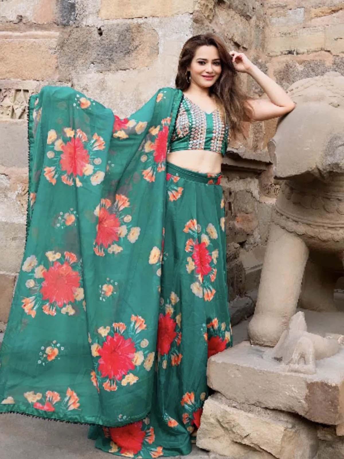 Odette Women Green Printed Stunning Semi Stitched Lehenga With Unstitched Blouse - Image 3