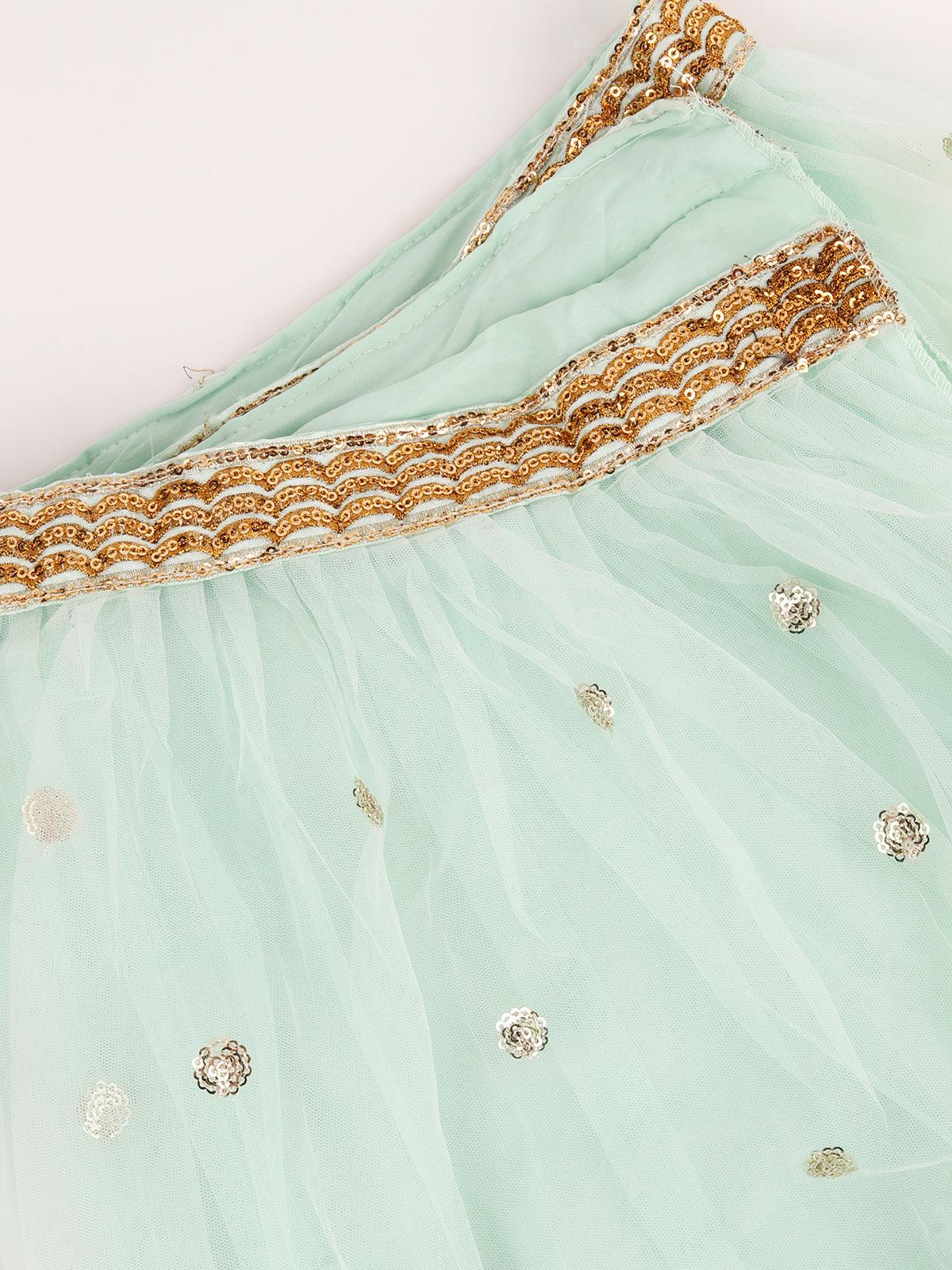 Odette Women Green Soft Net Semi Stitched Lehenga With  Unstitched Blouse - Image 5