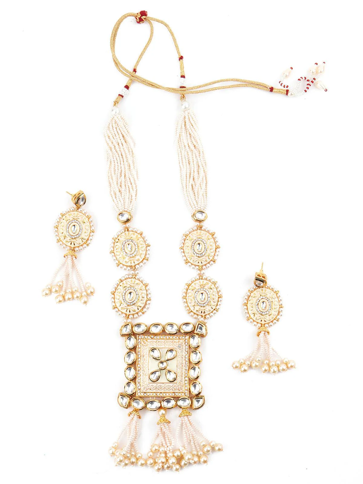 Odette Women Heavy Beige Enamelled Kundan-Pearl Necklace Set - Image 3