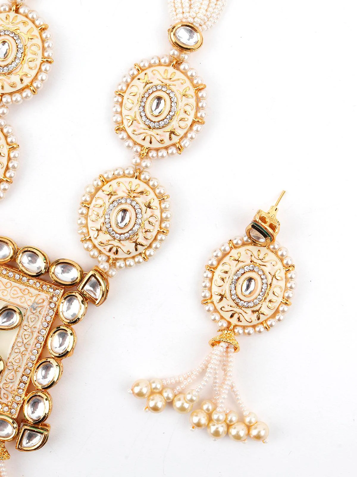Odette Women Heavy Beige Enamelled Kundan-Pearl Necklace Set - Image 6