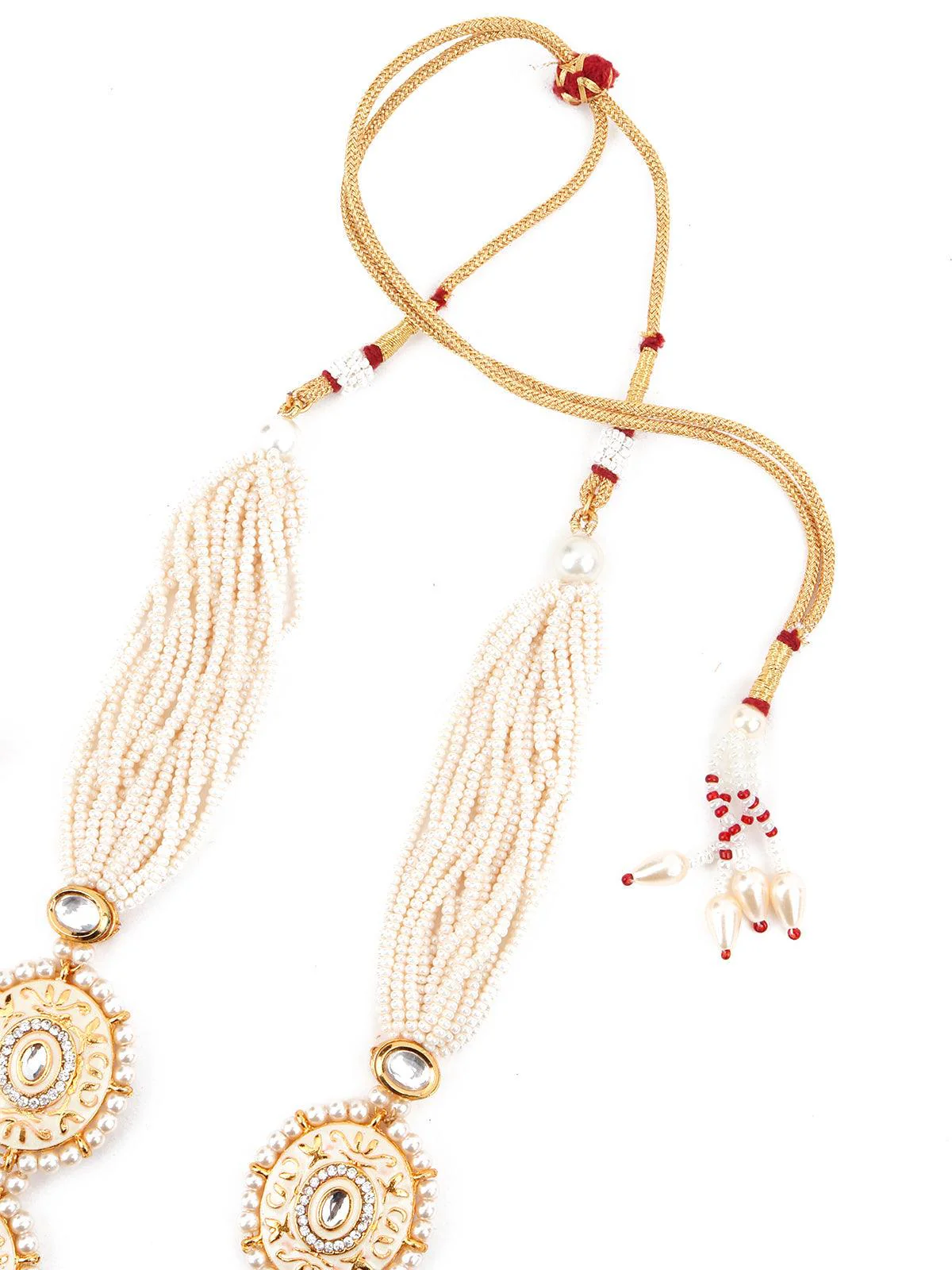 Odette Women Heavy Beige Enamelled Kundan-Pearl Necklace Set - Image 7