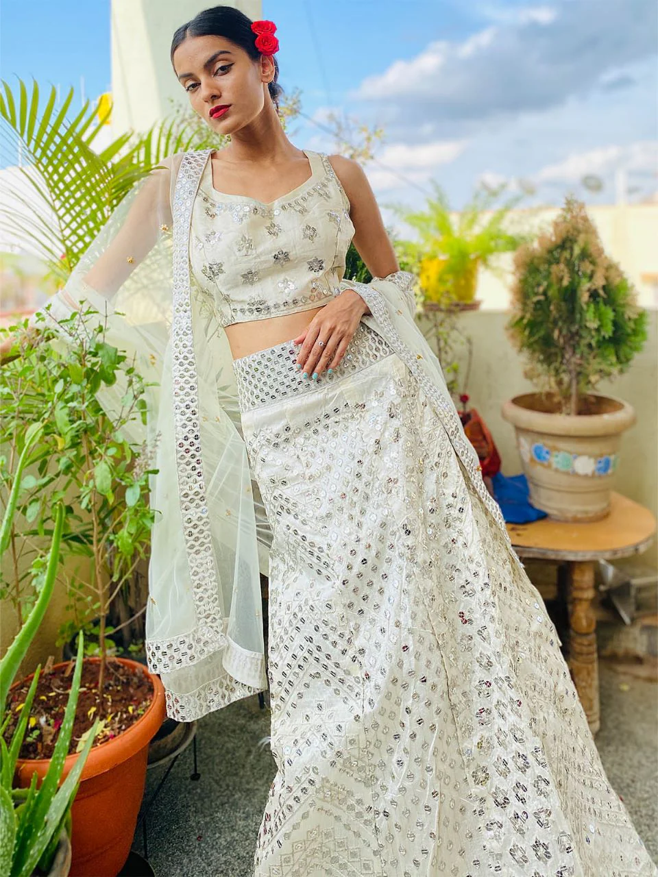 Odette Women Off White Silk Blend Stitched Lehenga Choli