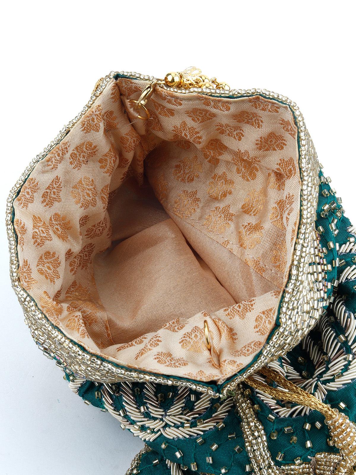 Odette Women Leaf Green Heavily Beaded Ethnic Potli - Image 6