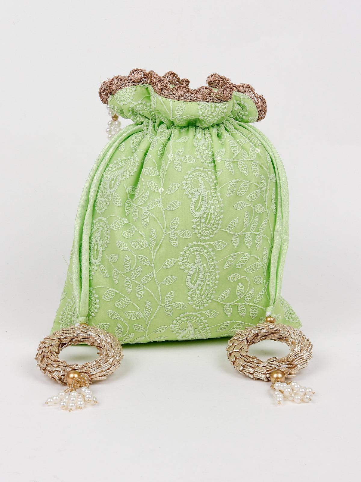 Odette Women Lime Green Embroidered Potli Hand Bag - Image 4