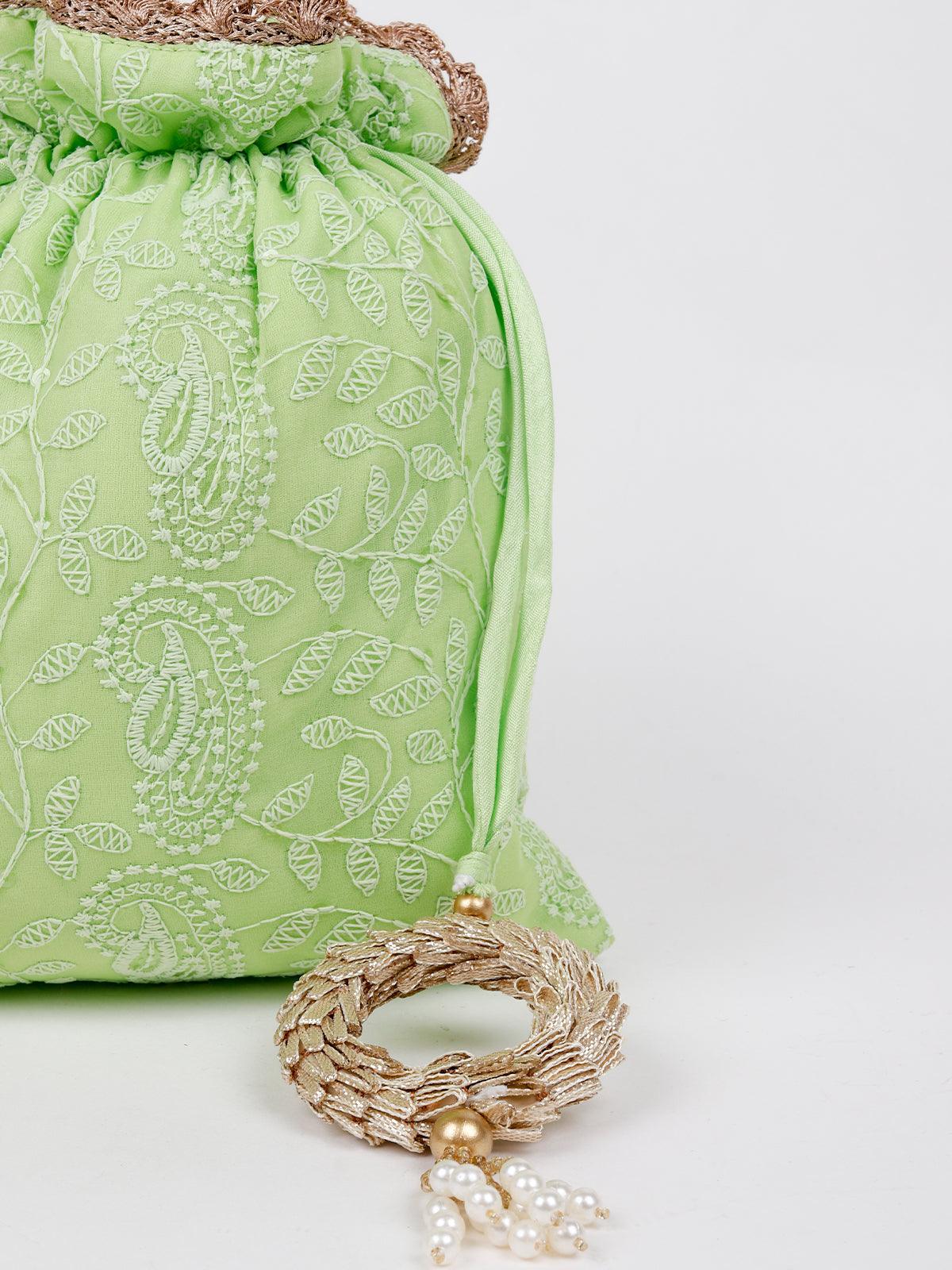 Odette Women Lime Green Embroidered Potli Hand Bag - Image 5