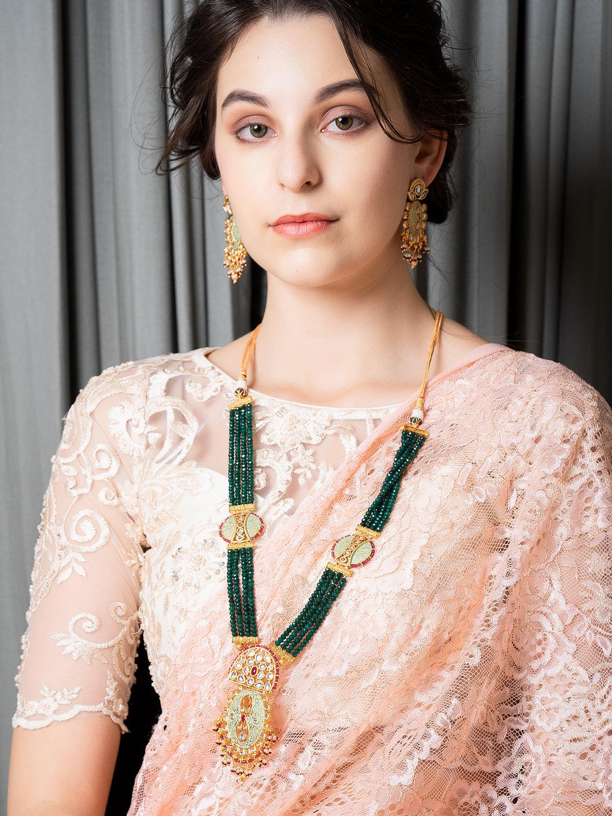 Odette Women Long Stupefying Green Onyx Kundan Necklace Set
