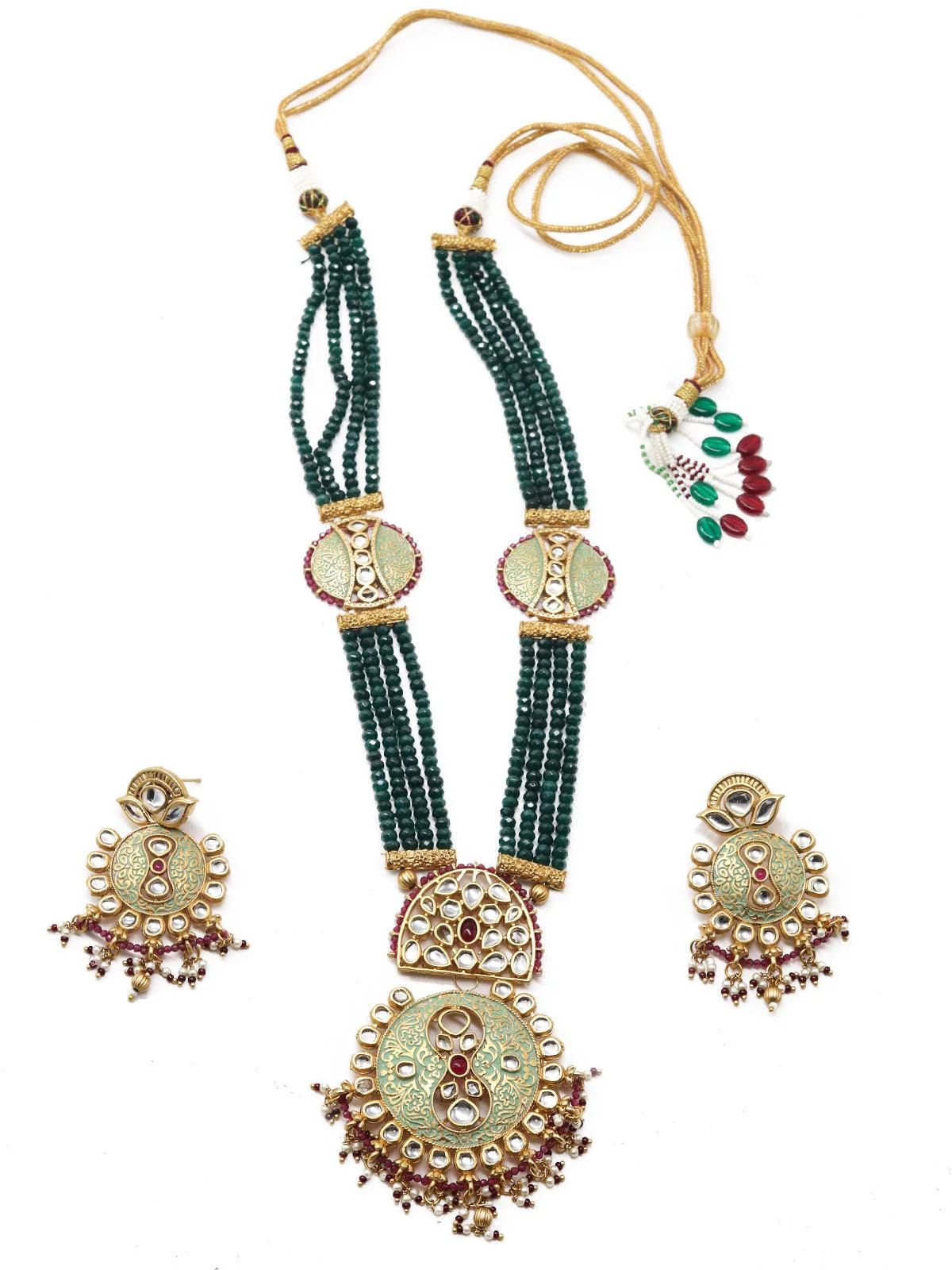 Odette Women Long Stupefying Green Onyx Kundan Necklace Set - Image 3