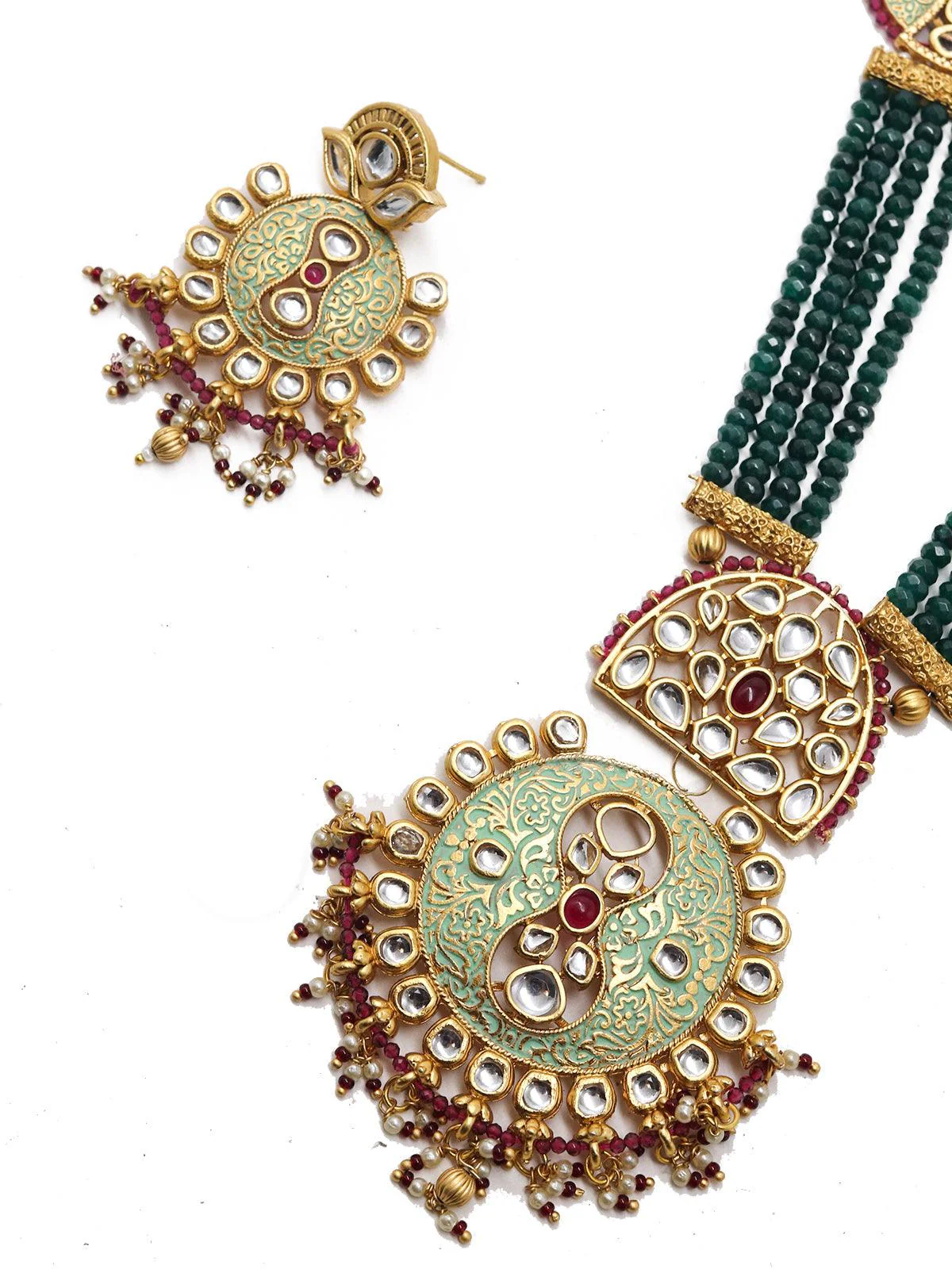 Odette Women Long Stupefying Green Onyx Kundan Necklace Set - Image 5