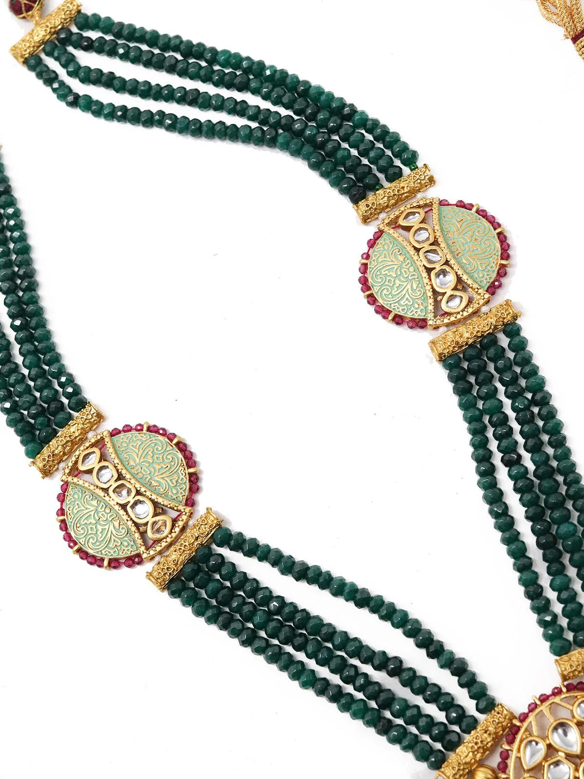 Odette Women Long Stupefying Green Onyx Kundan Necklace Set - Image 6