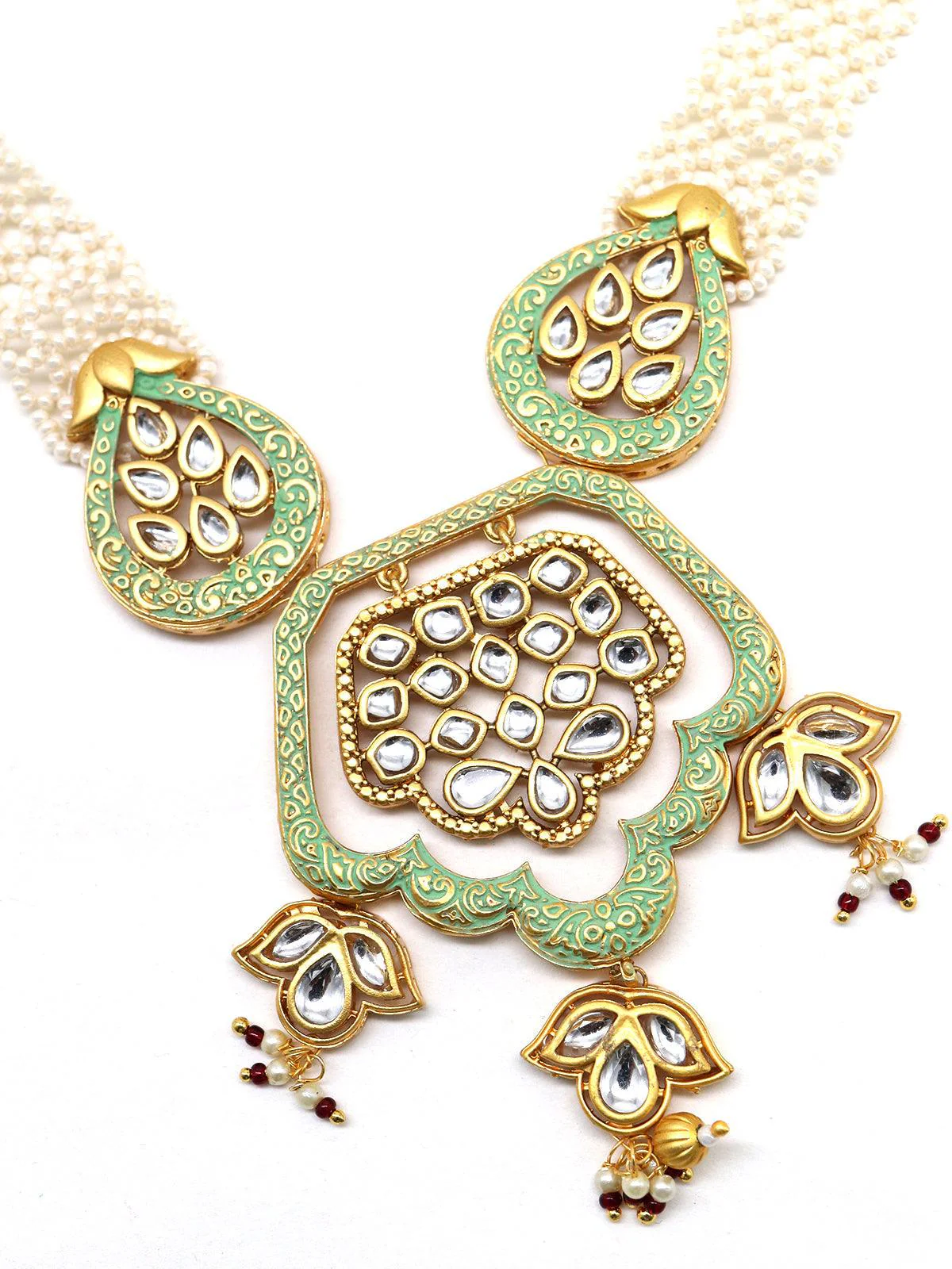 Odette Women Lovely Classical Semiprecious Kundan &Amp; Pearl Green Necklace With Earrings! - Image 2