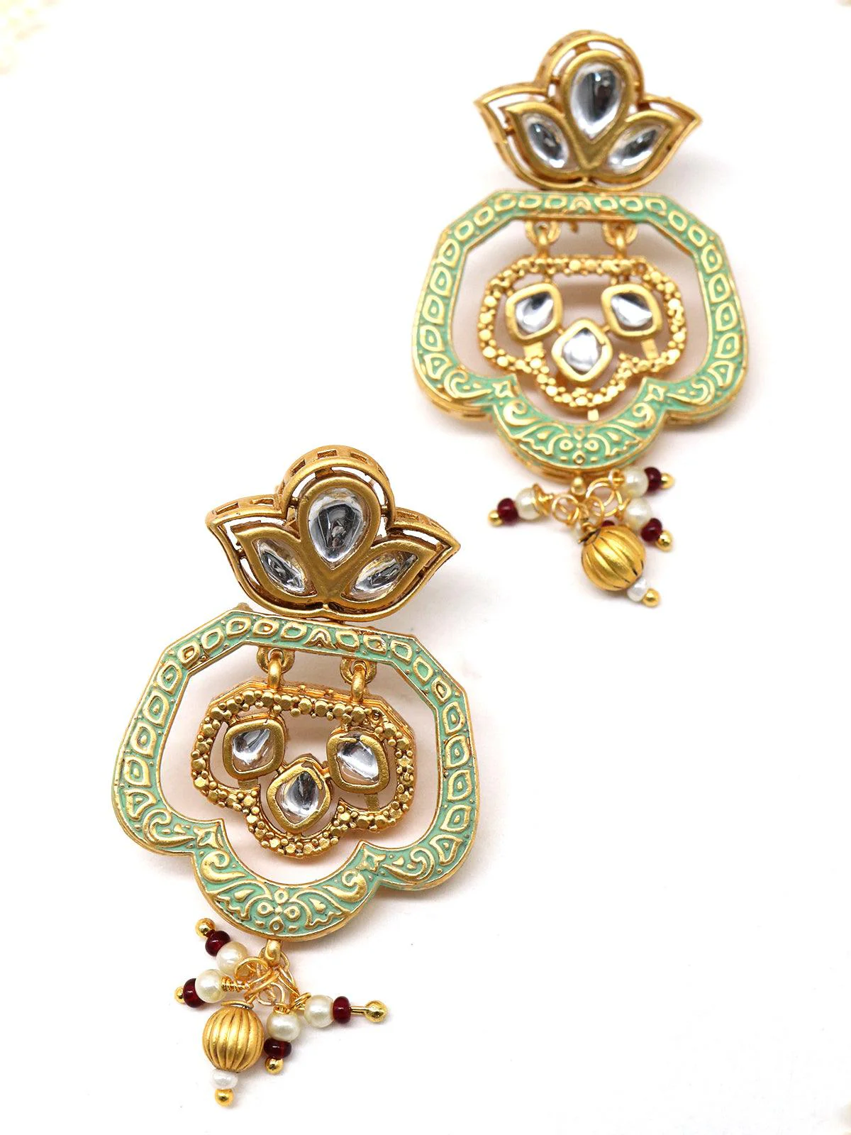 Odette Women Lovely Classical Semiprecious Kundan &Amp; Pearl Green Necklace With Earrings! - Image 3