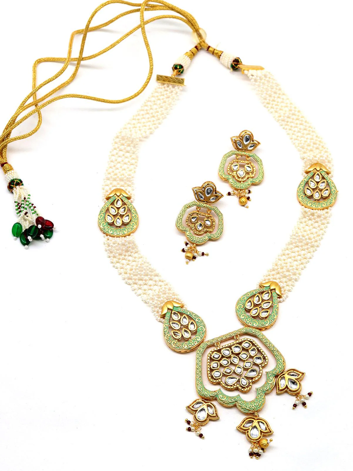 Odette Women Lovely Classical Semiprecious Kundan &Amp; Pearl Green Necklace With Earrings! - Image 4