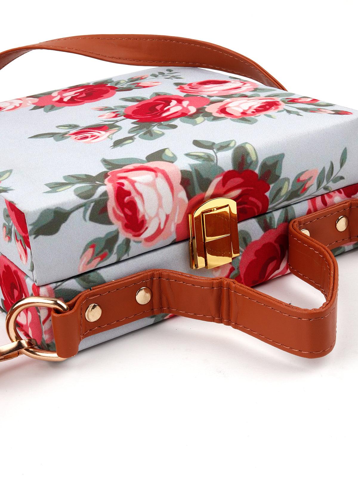 Odette Women Lovely Floral Printed Powder Blue Raxin Boxy Handbag - Image 4