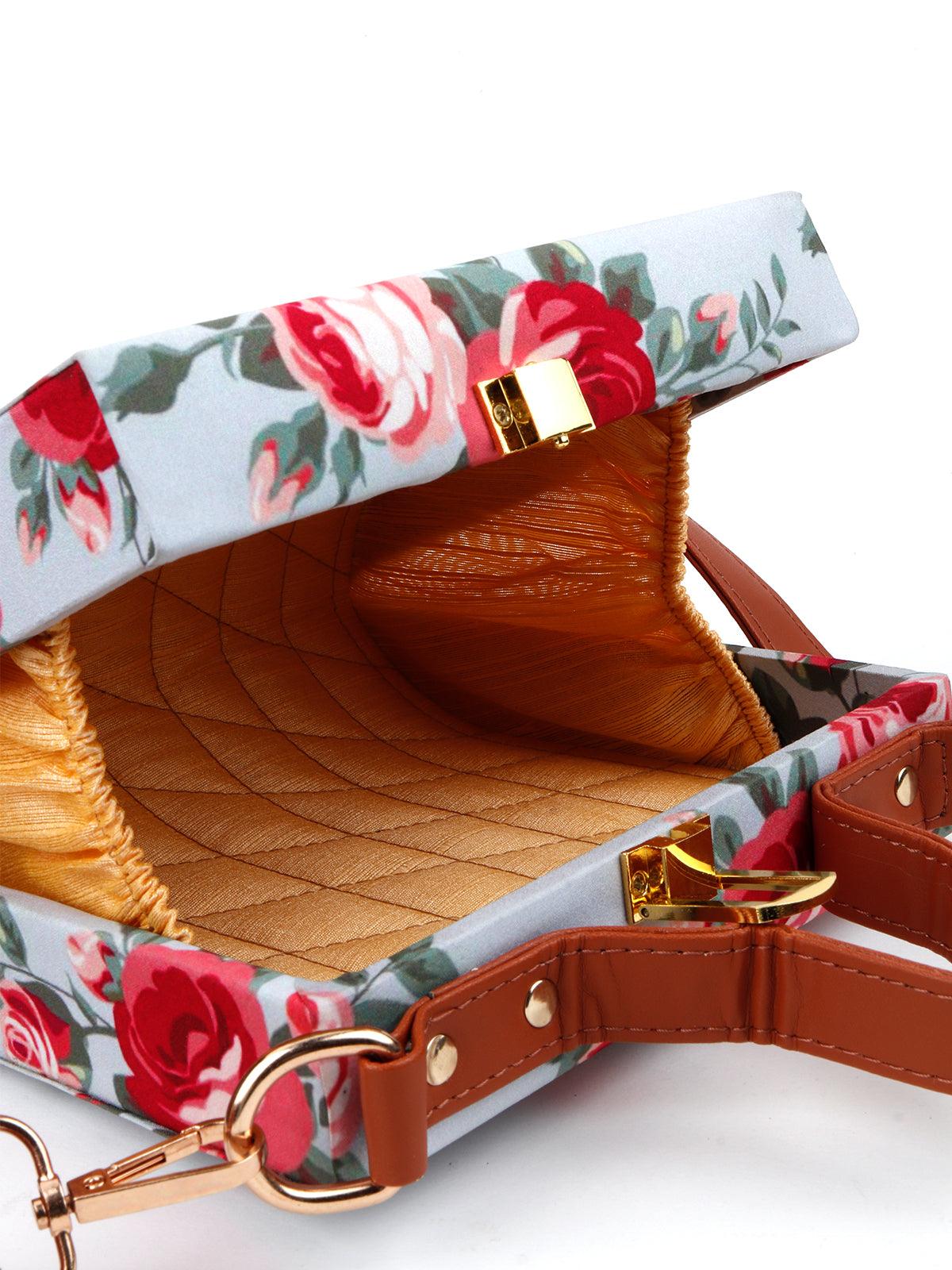 Odette Women Lovely Floral Printed Powder Blue Raxin Boxy Handbag - Image 6