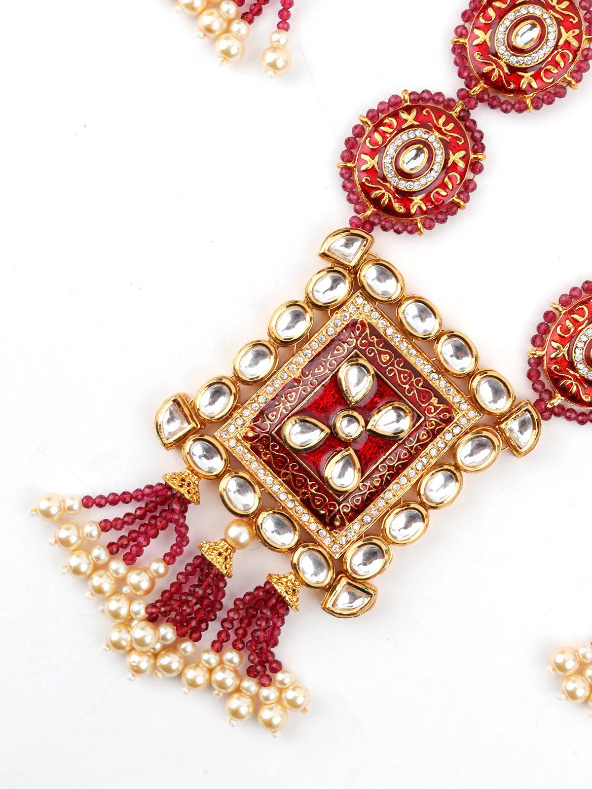 Odette Women Lush Pink Stone Red Enamelled Enticing Onyx-Kundan Necklace Set - Image 3