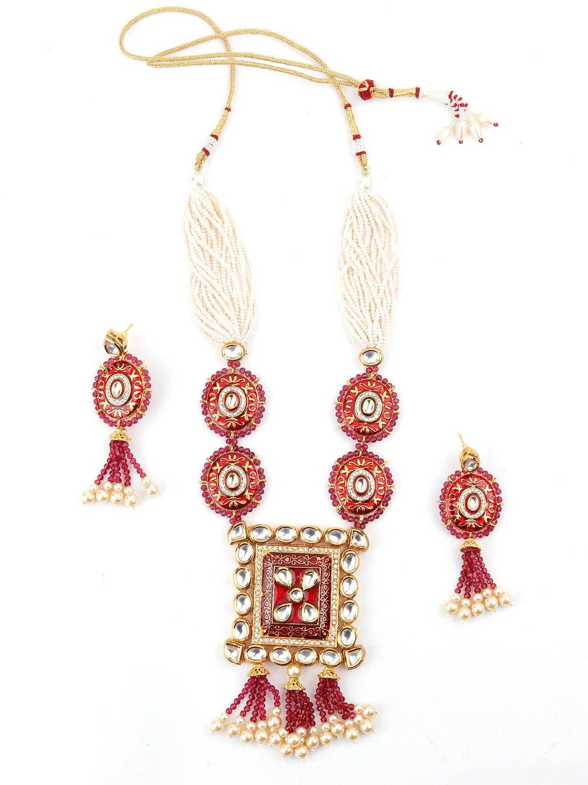 Odette Women Lush Pink Stone Red Enamelled Enticing Onyx-Kundan Necklace Set - Image 4