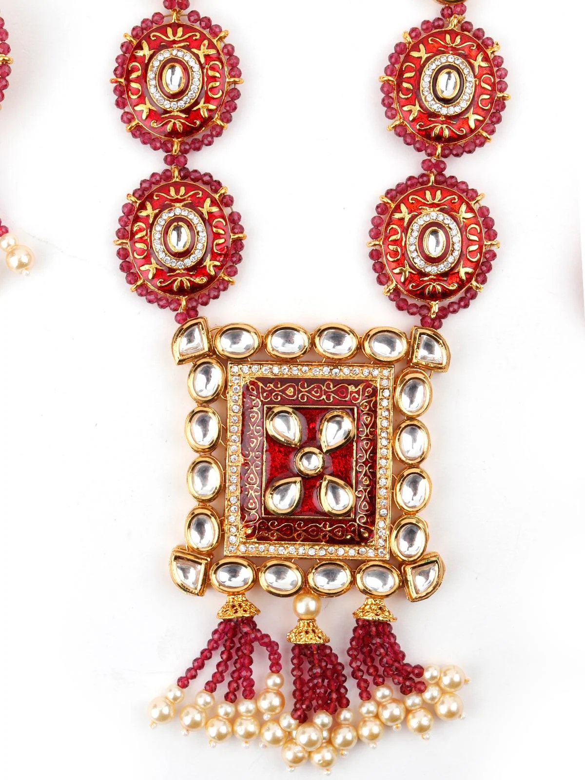 Odette Women Lush Pink Stone Red Enamelled Enticing Onyx-Kundan Necklace Set - Image 5