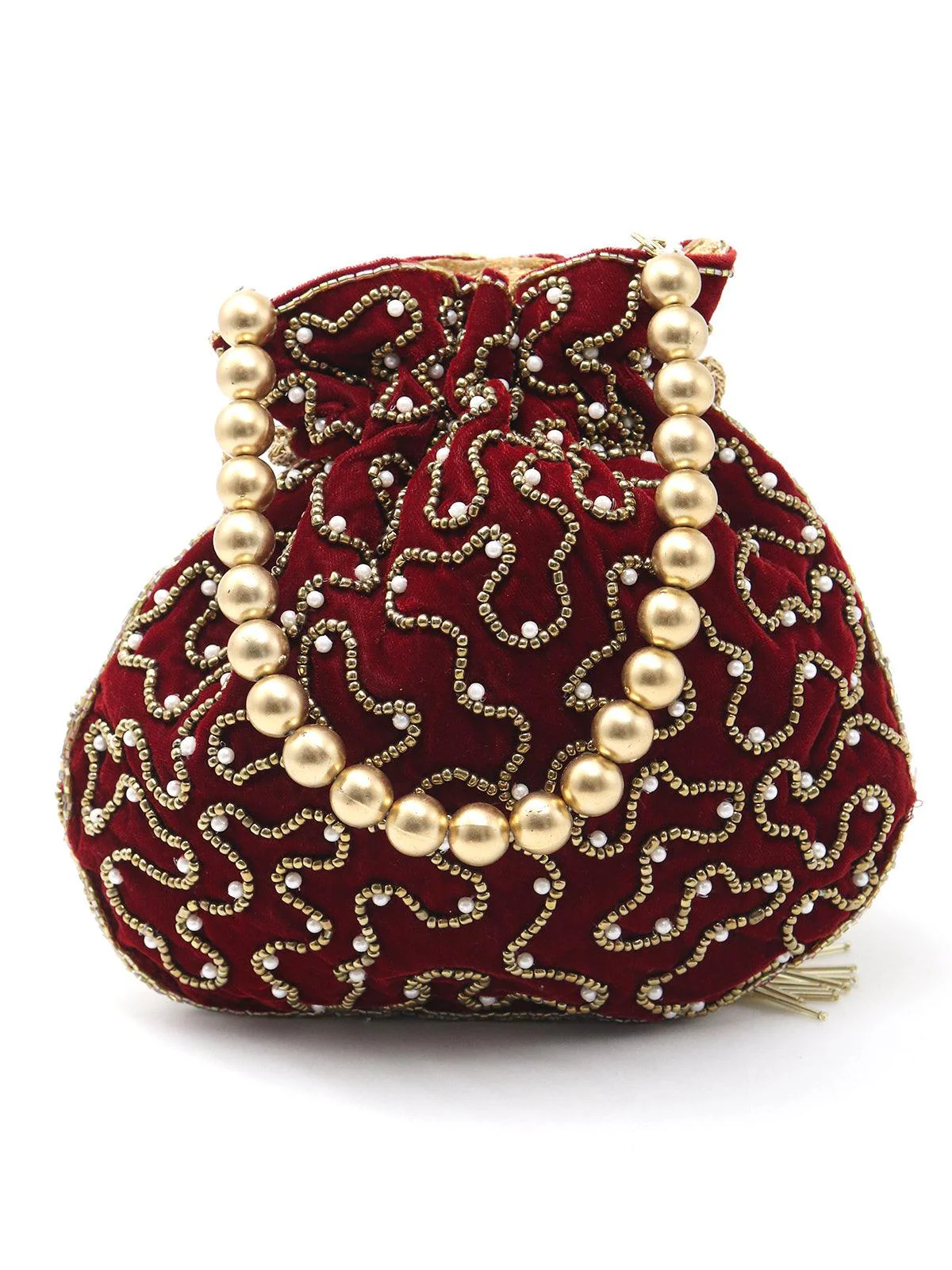 Odette Women Maroon And Golden Beaded Potli Handbag! - Image 4