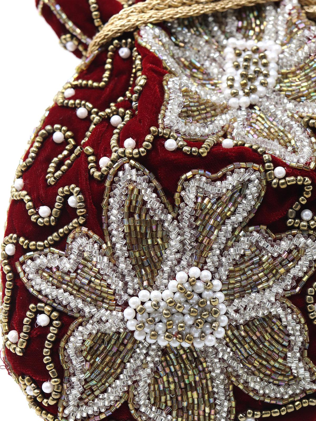 Odette Women Maroon And Golden Beaded Potli Handbag! - Image 5
