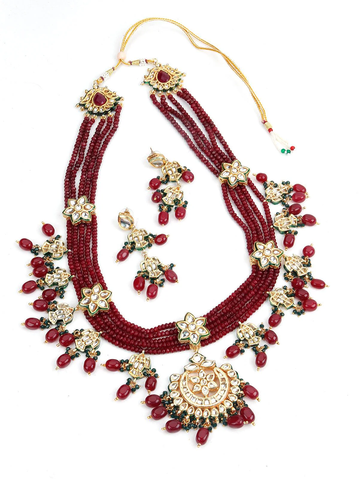 Odette Women Maroon Multistring Onyx-Mani-Kundan Necklace Set! - Image 3