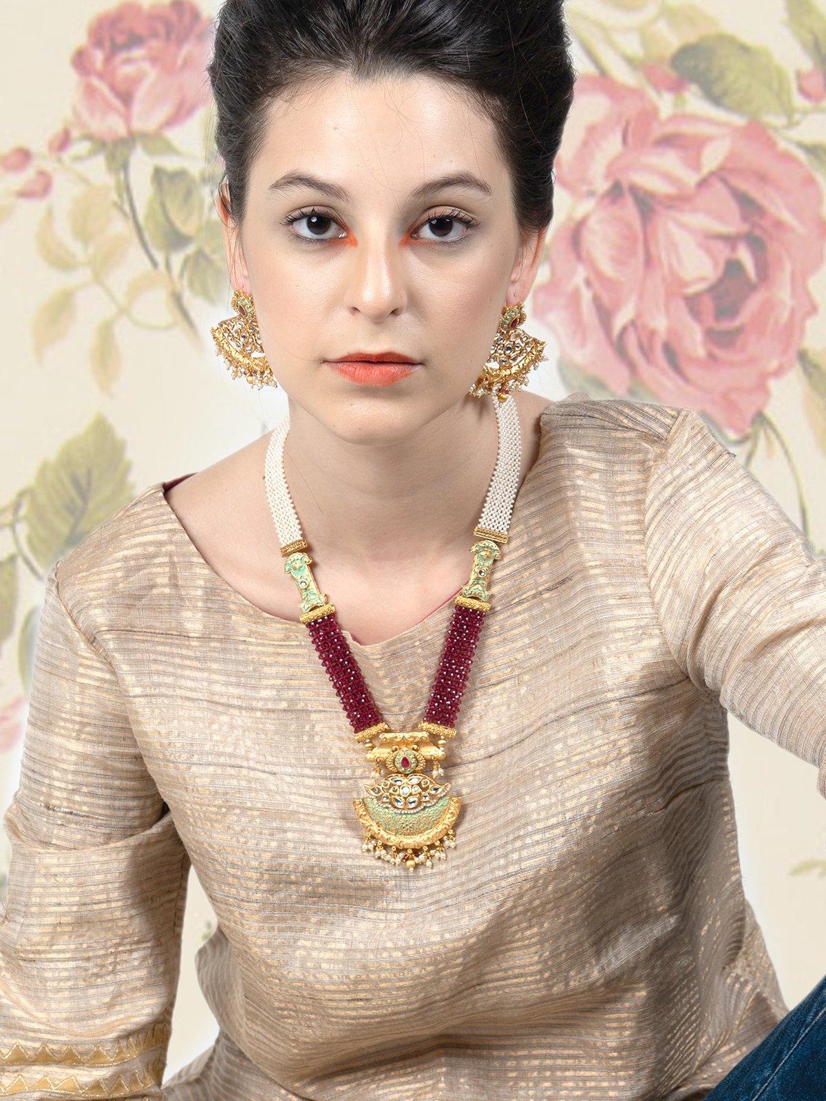 Odette Women Maroon Onyx And White Pearl Necklace Set - Image 2