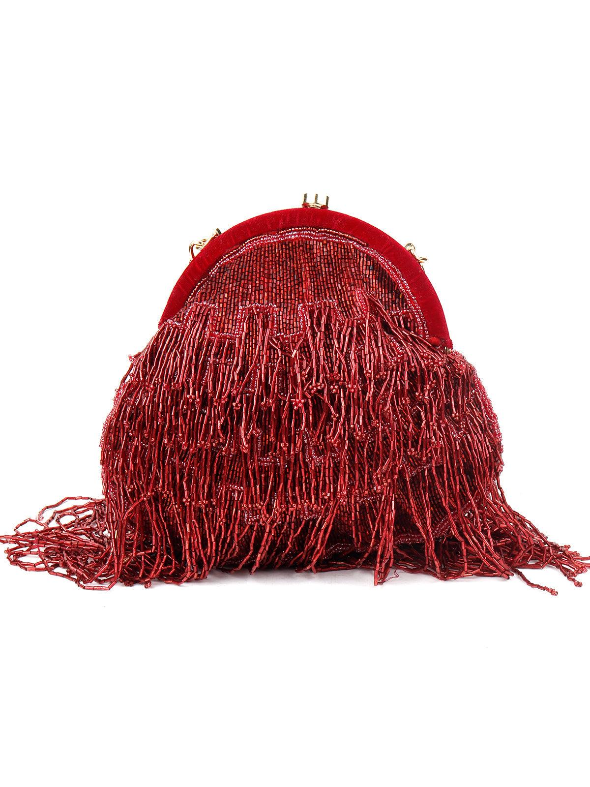 Odette Women Maroon Pleasing Tassel Batuwa - Image 4