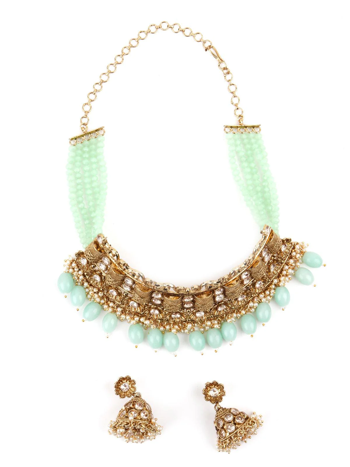 Odette Women Matte Finish Gold Tone Mint Green Onyx-Mani Choker Set - Image 3