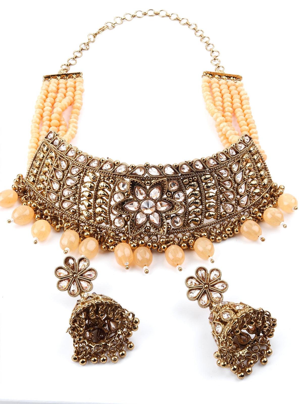 Odette Women Matte Finish Gold Tone Peach Onyx-Mani Choker Set - Image 5