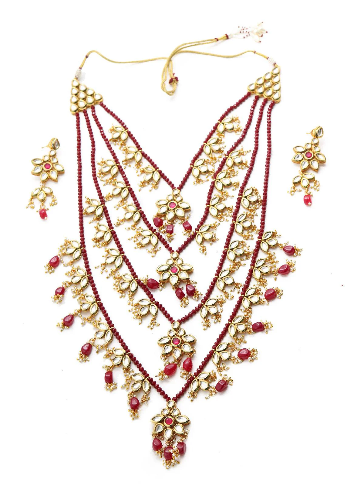 Odette Women Multi-Strand Authentic Maroon Onyx-Kundan-Mani Necklace Set! - Image 3