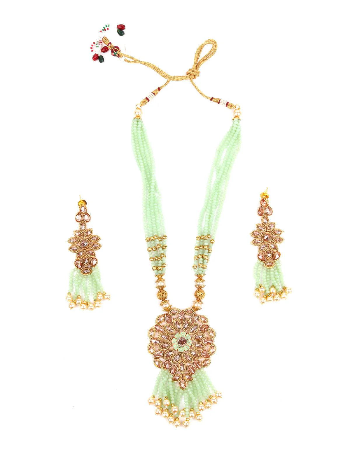 Odette Women Multi-Strand Light Green Onyx Necklace With Earrings - Image 3