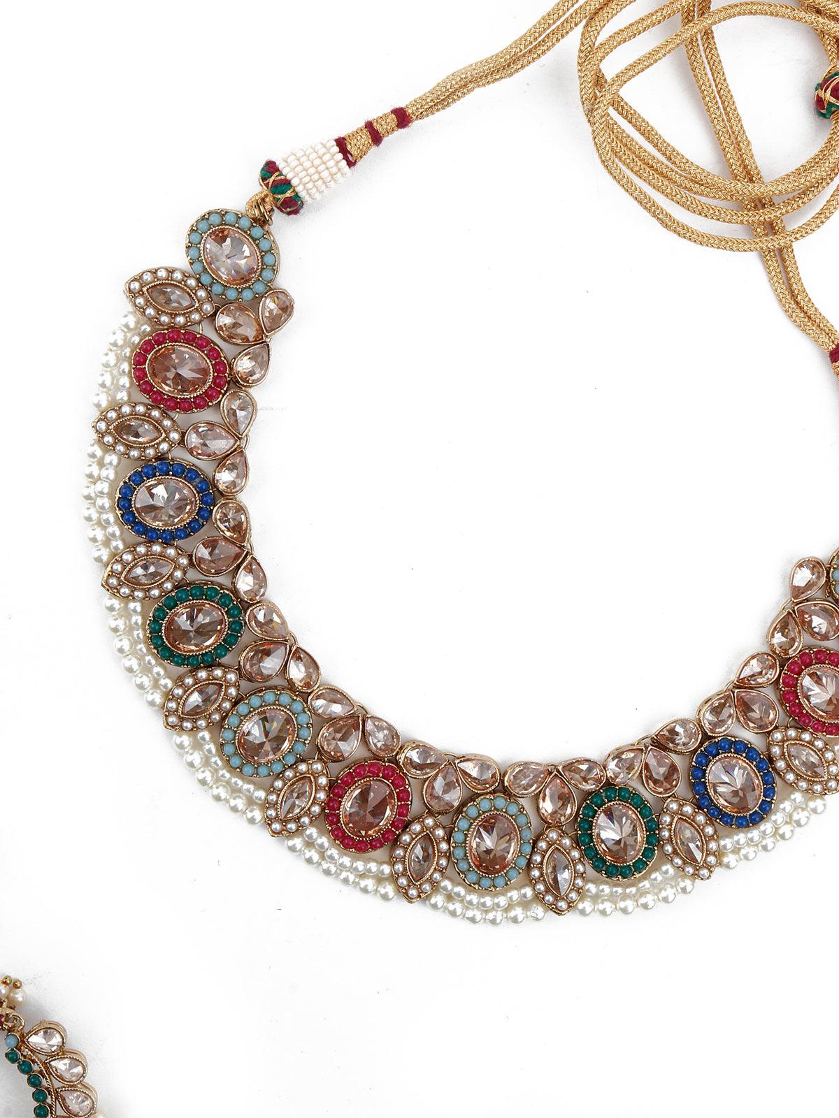 Odette Women Multicolor Traditional Rhine Stone Necklace Set - Image 5