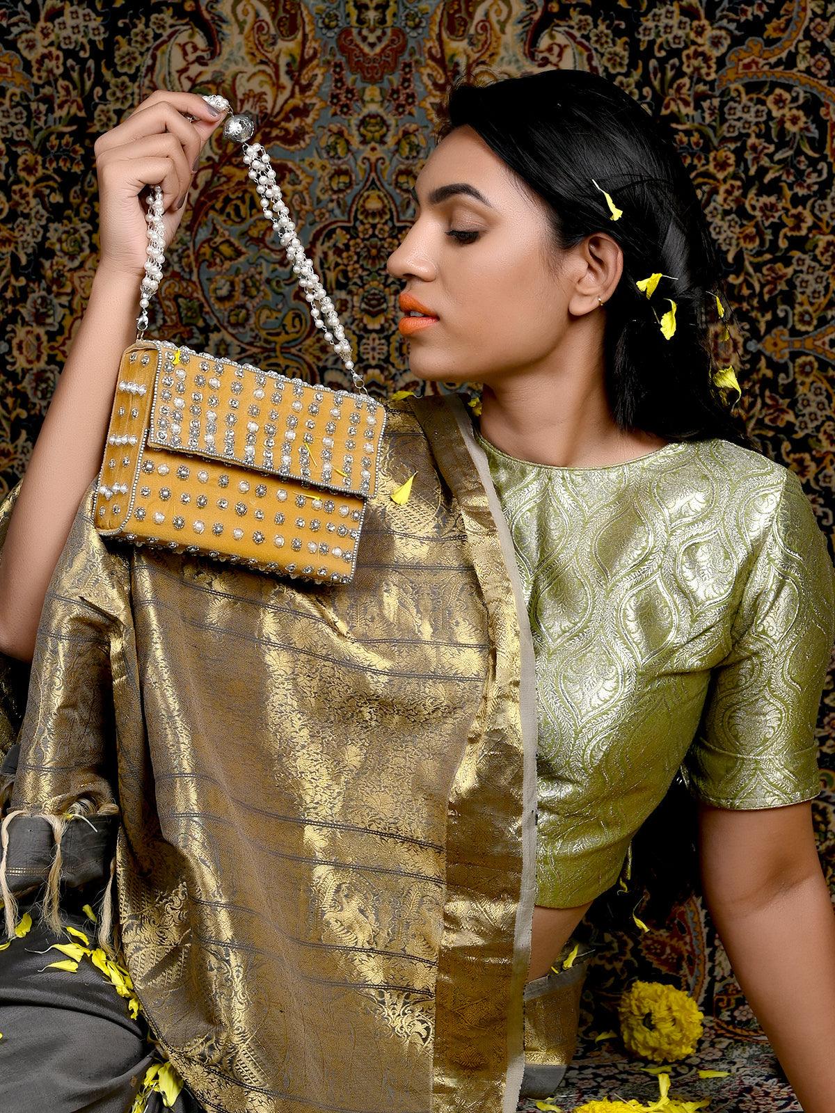 Odette Women Mustard Yellow Embellished Box Clutch - Image 2