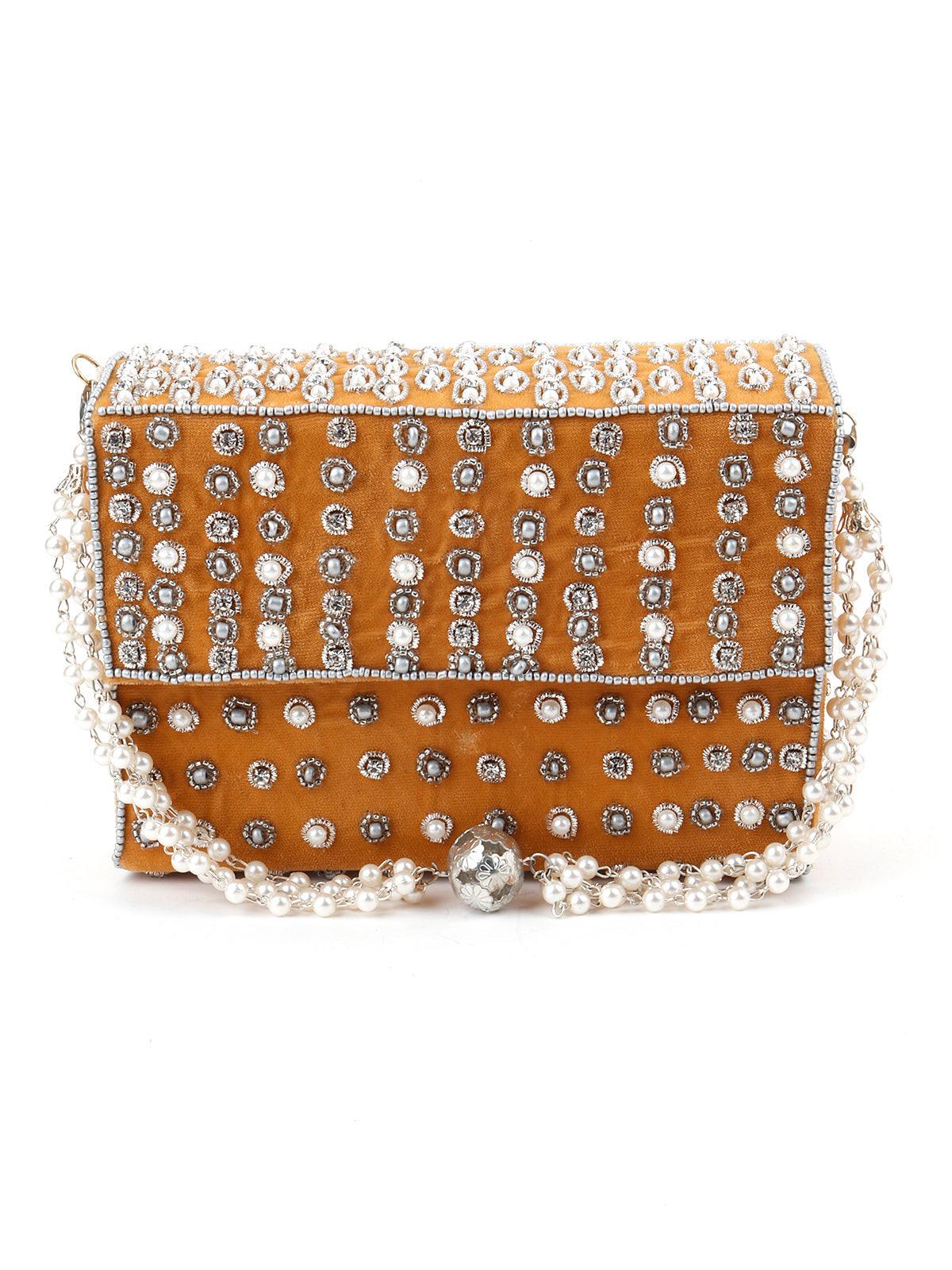 Odette Women Mustard Yellow Embellished Box Clutch - Image 5