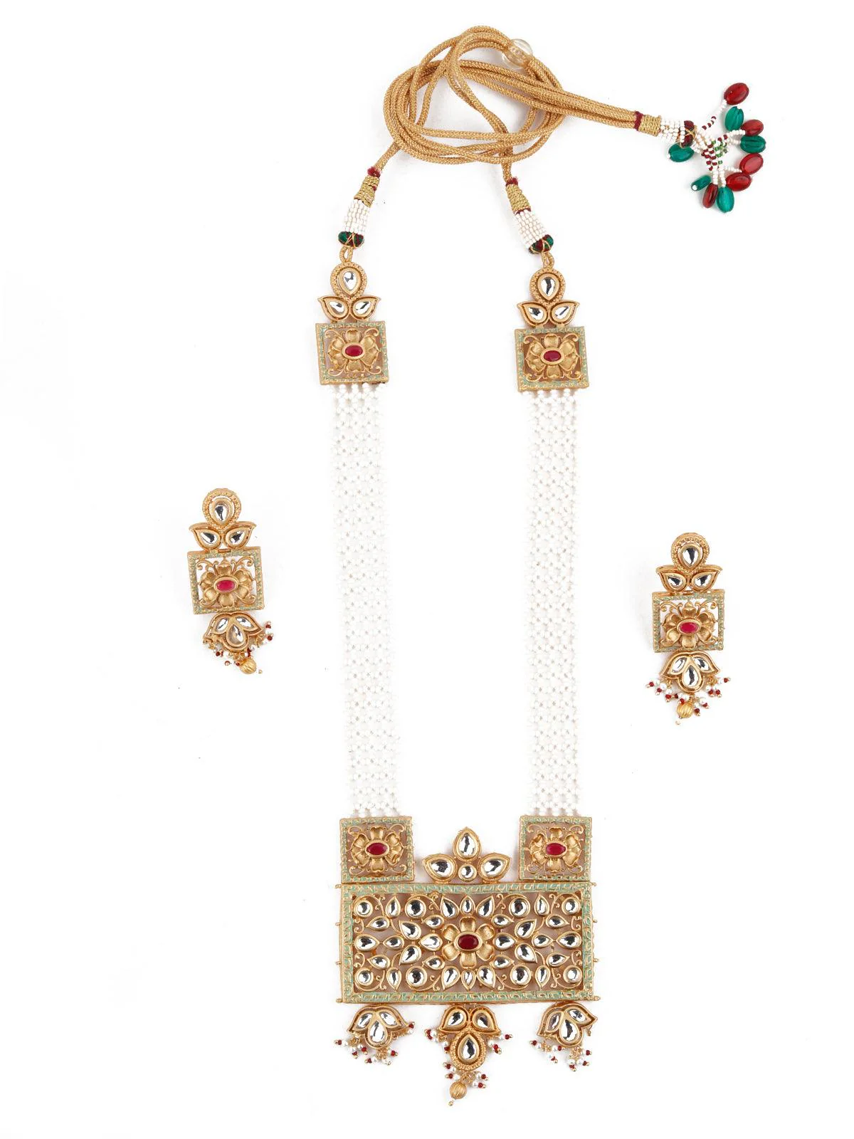 Odette Women Netted Pattern Gold Tone Kundan-Pearl Necklace Set - Image 3