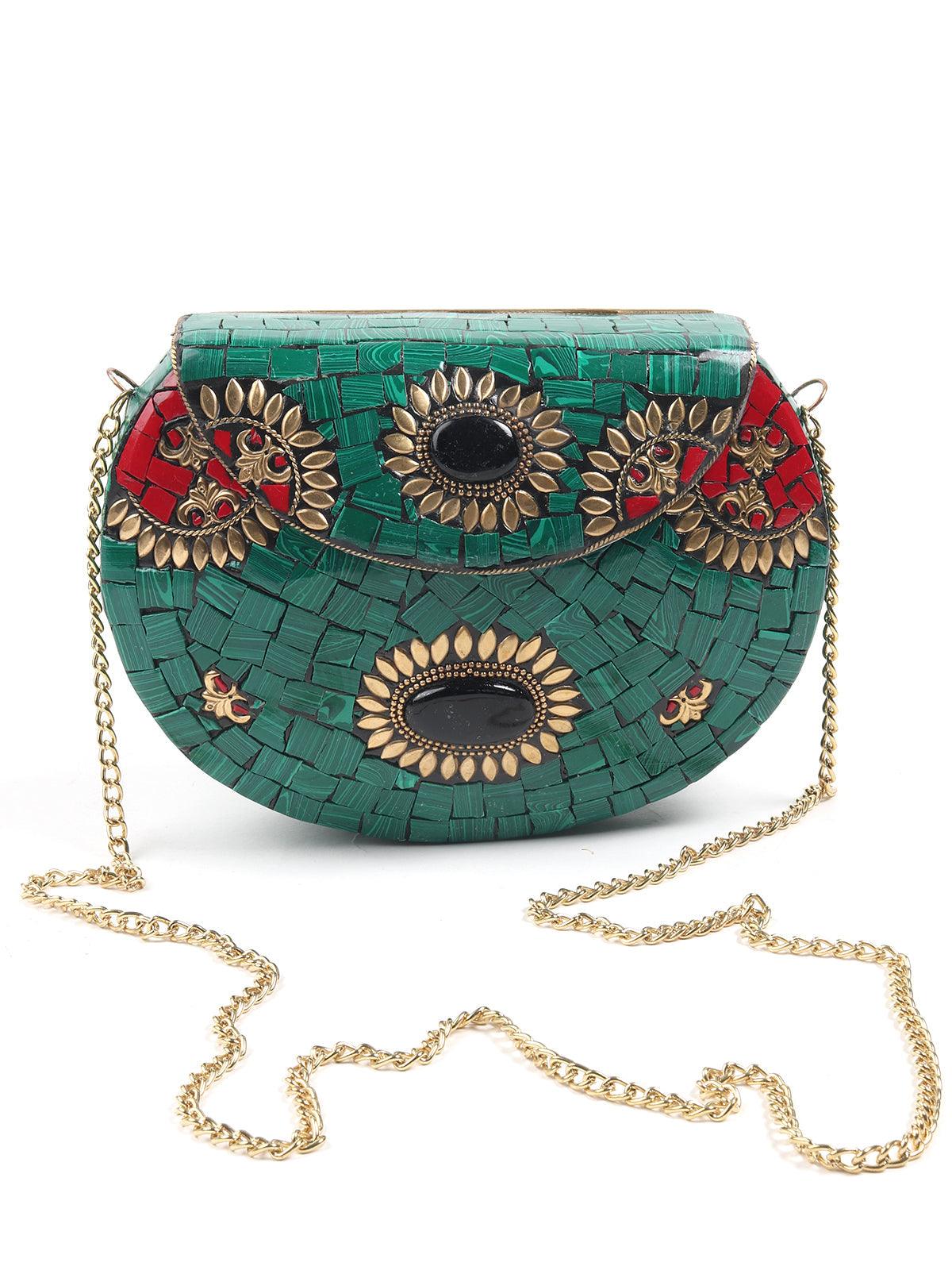 Odette Women Oval Shape Metal Green Tinted Ethnic Clutch - Image 3
