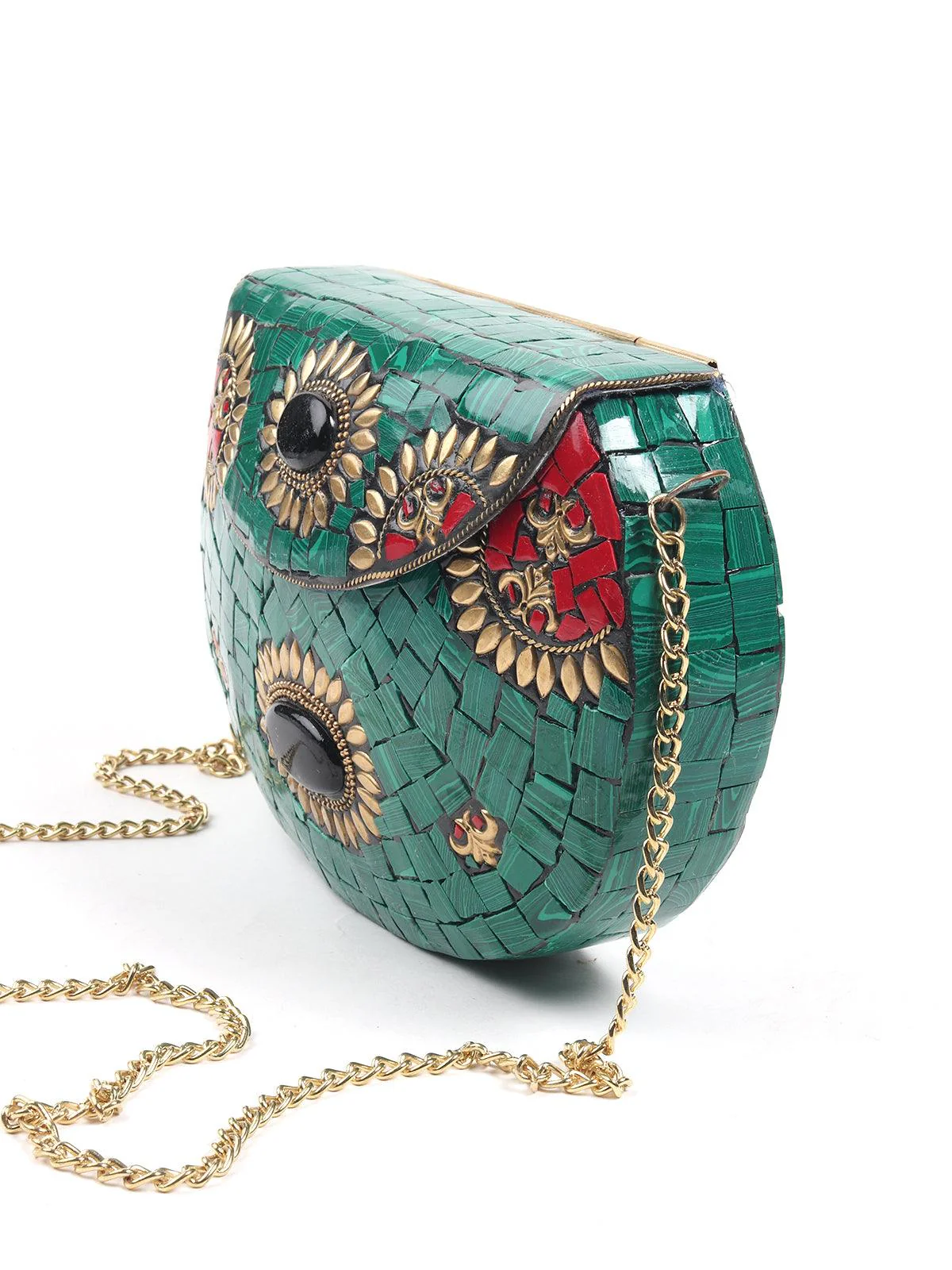 Odette Women Oval Shape Metal Green Tinted Ethnic Clutch - Image 4
