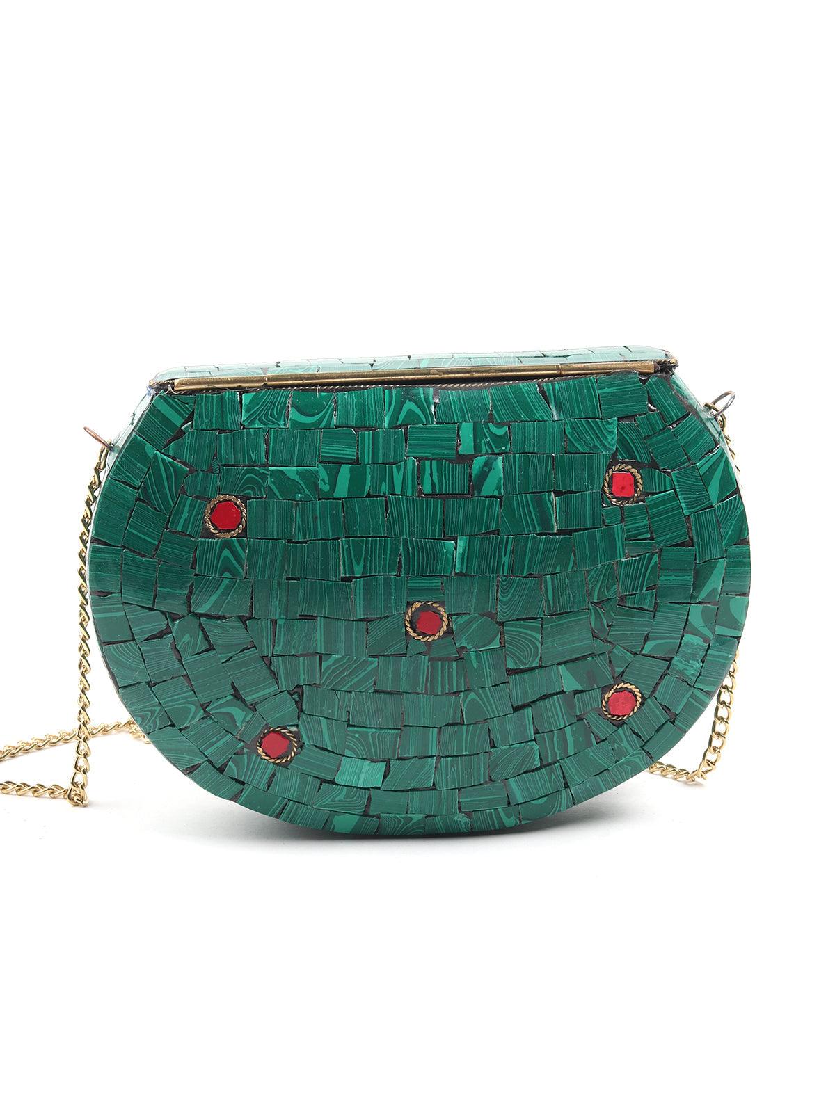 Odette Women Oval Shape Metal Green Tinted Ethnic Clutch - Image 5
