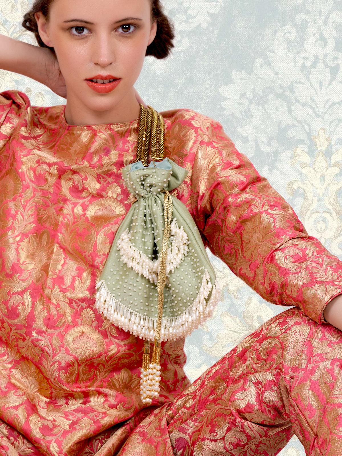Odette Women Parrot-Green Potli With Pearls - Image 2