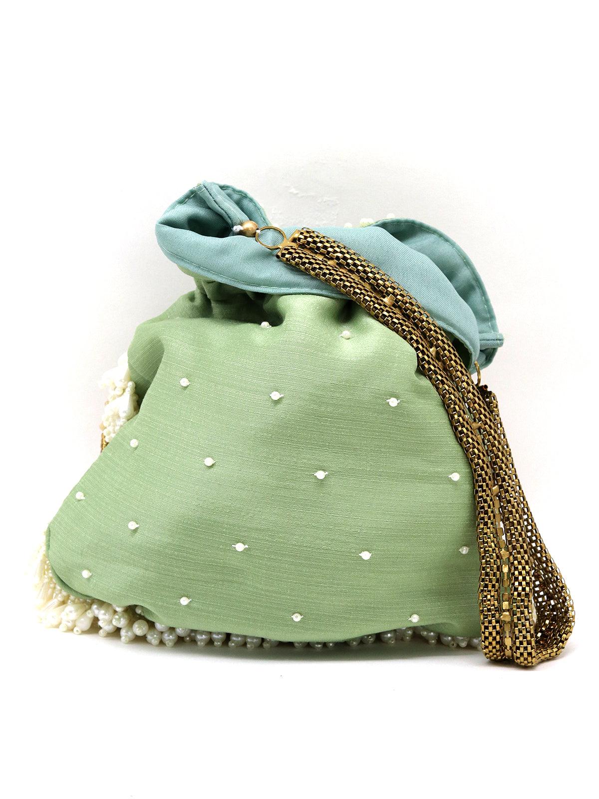 Odette Women Parrot-Green Potli With Pearls - Image 5