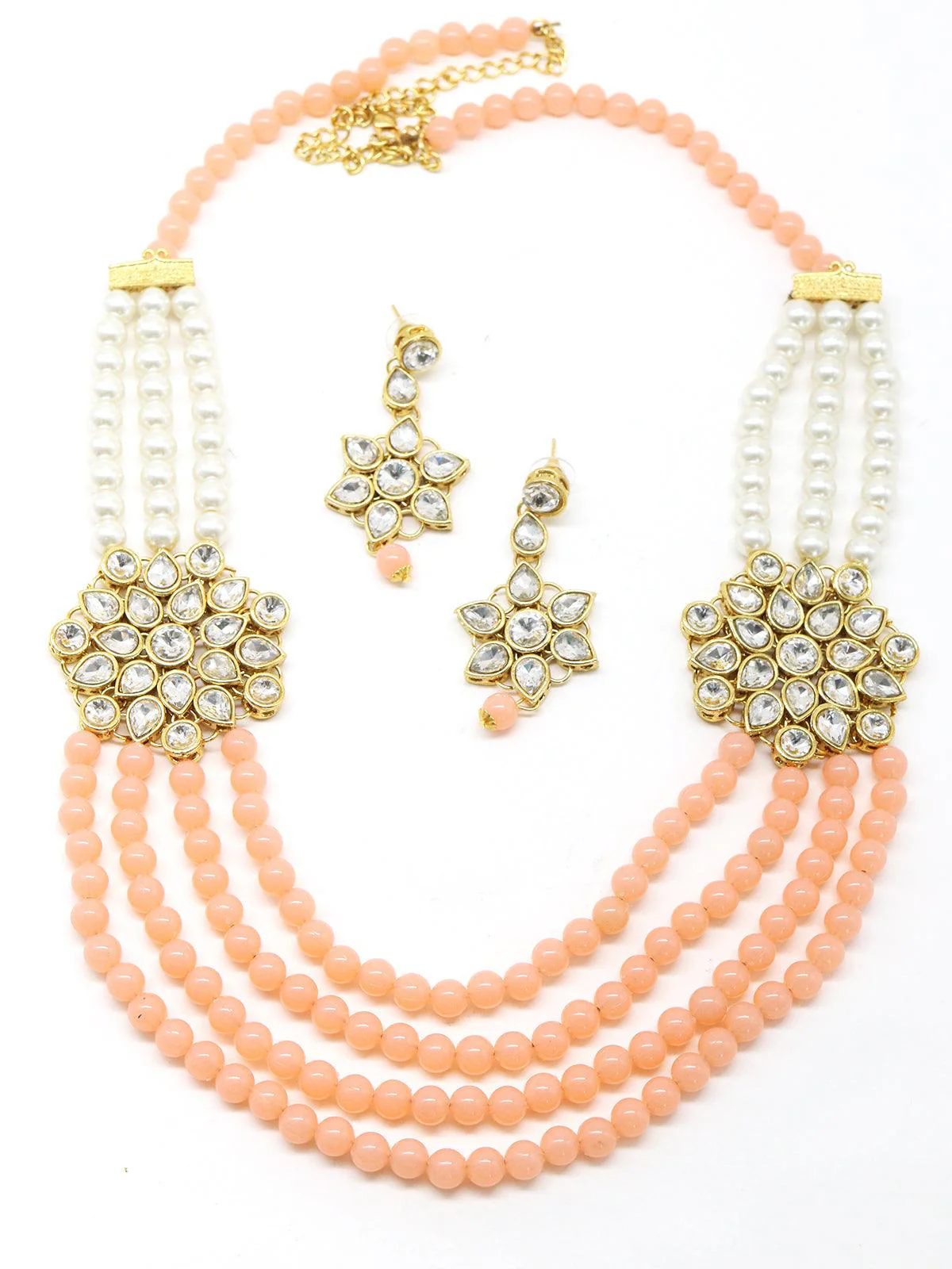 Odette Women Peach And Regular Faux Pearl Necklace With Earrings - Image 3