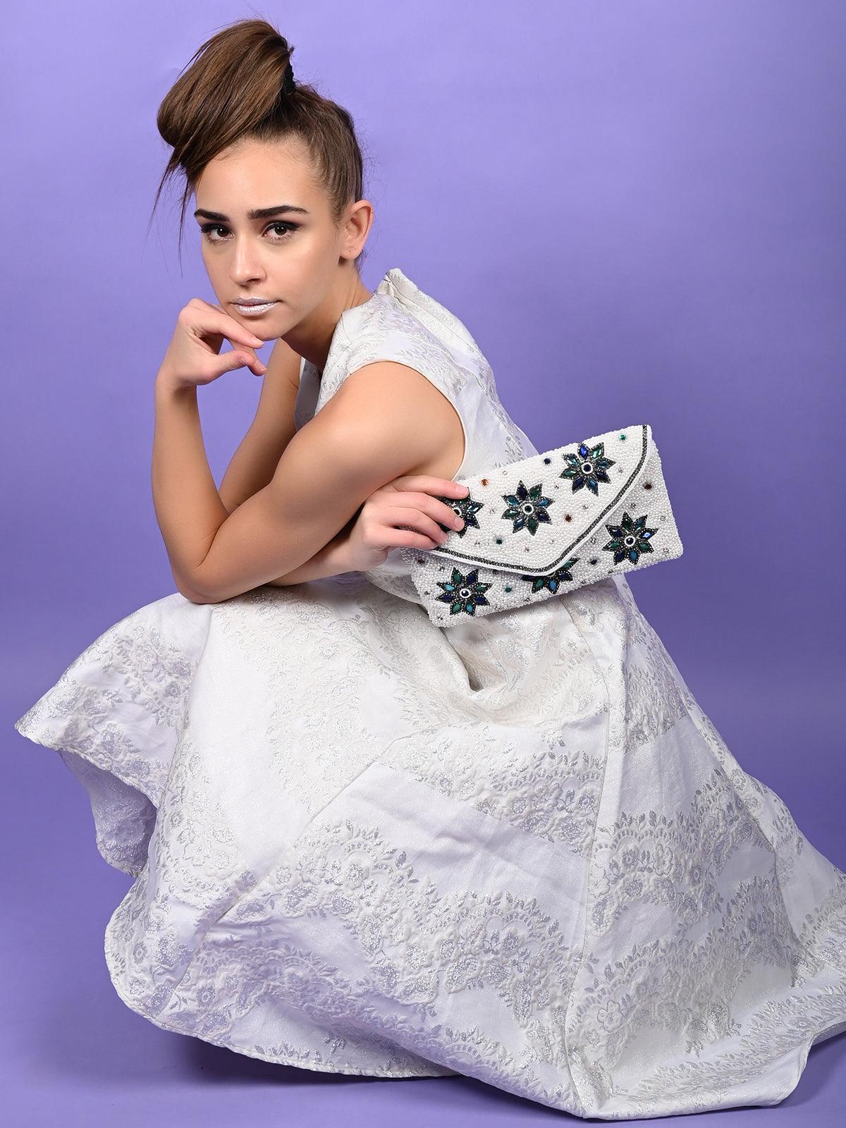 Odette Women Pearly-Studded White Envelope Clutch - Image 2