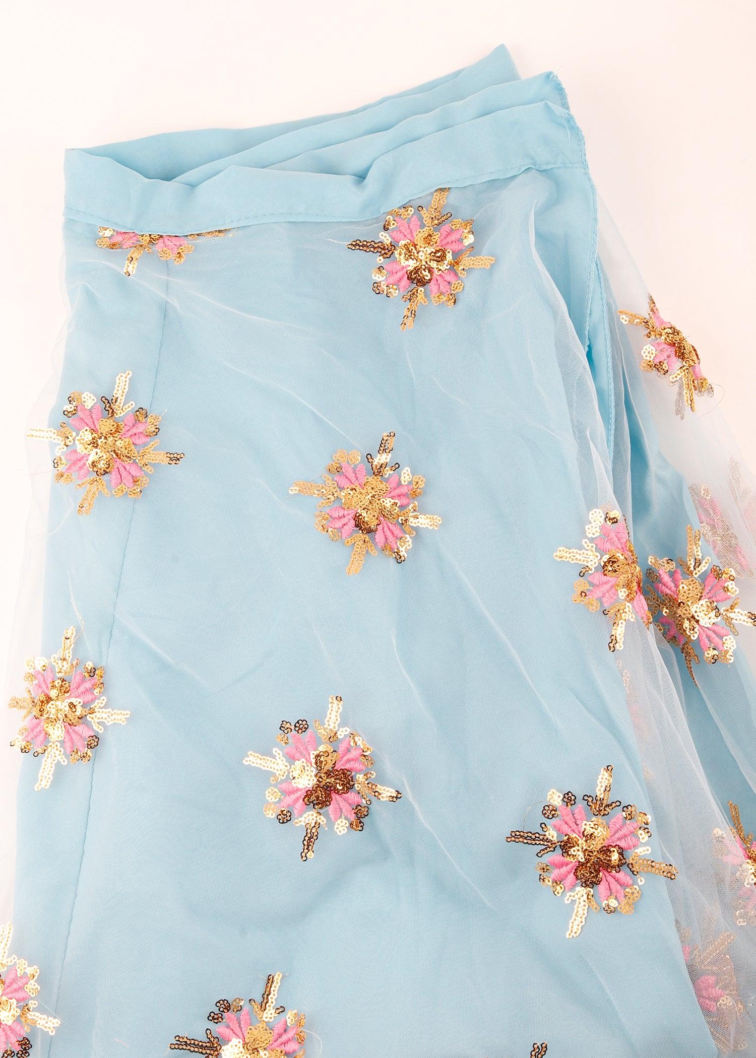 Odette Women Pink & Blue Soft Net Semi Stitched Lehenga With  Unstitched Blouse - Image 2