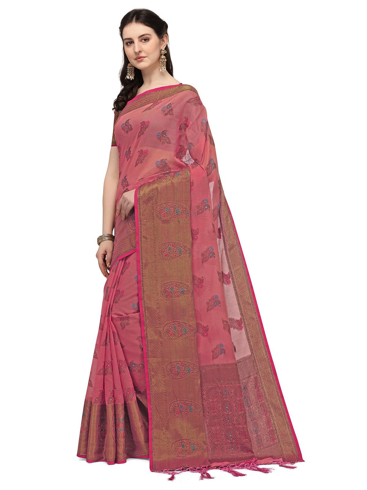 Odette Women Pink Colour Banarasi Silk Madhubani Work Saree With Unstitched Blouse - Image 3