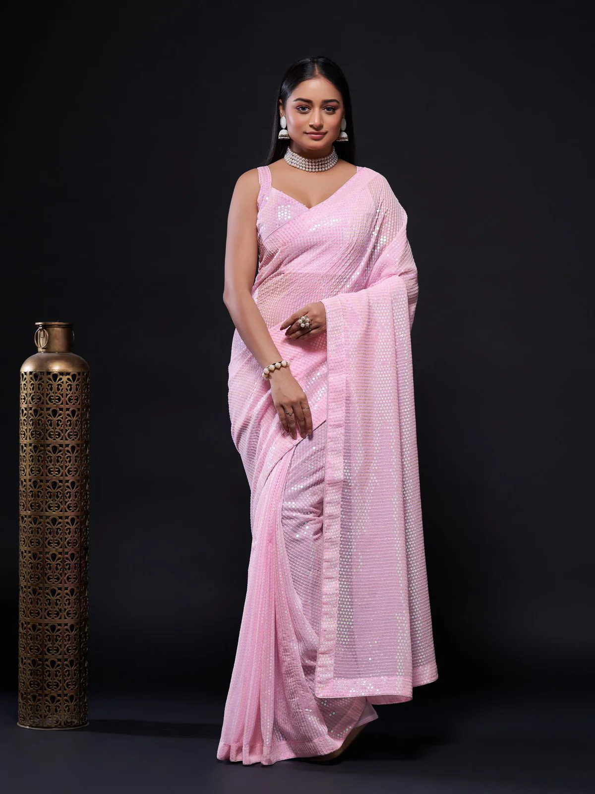 Odette Women Pink Embellished Georgette Saree With Unstitched Blouse - Image 5