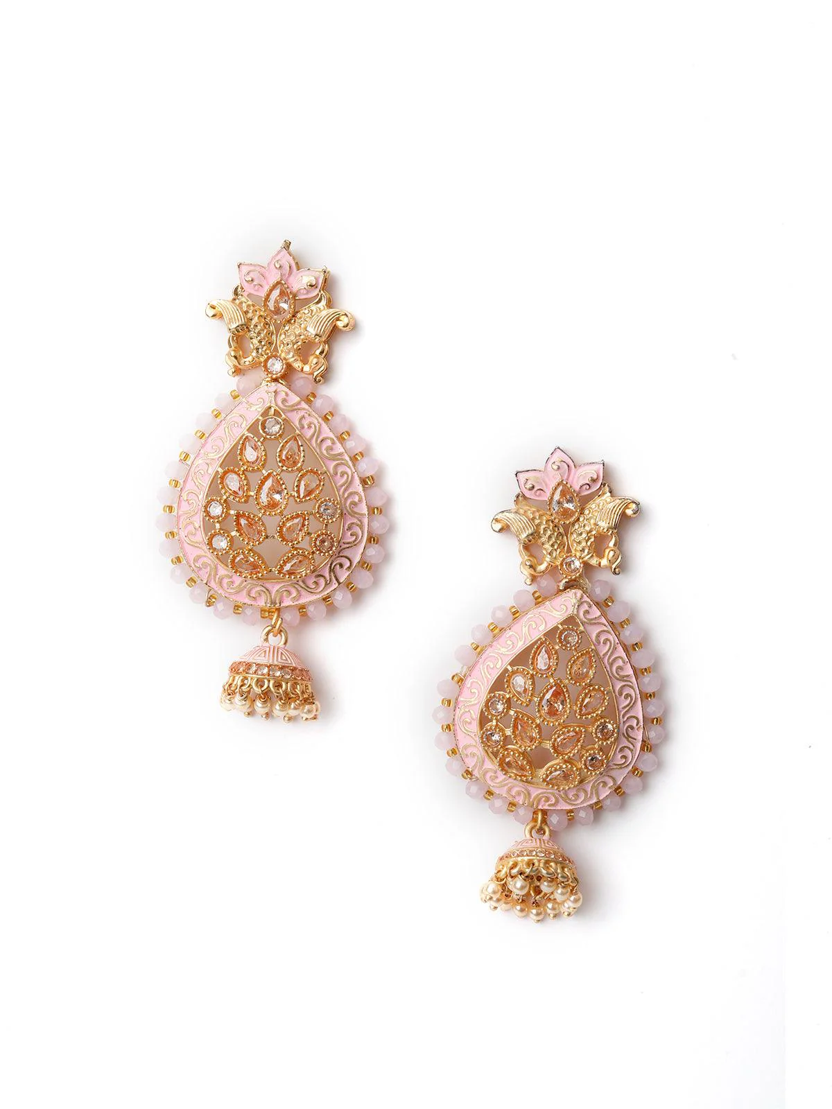 Odette Women Pink Enameled Leafy Dangle Earrings - Image 3