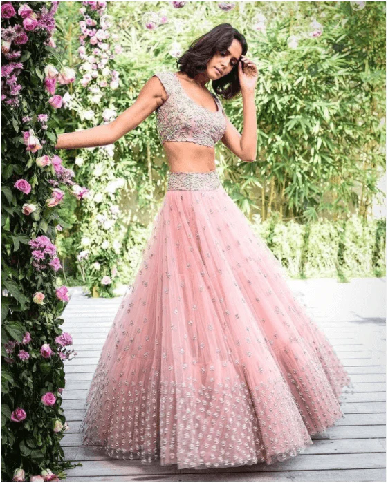 Odette Pink Soft Net Semi Stitched Lehenga With Unstitched Blouse For Women