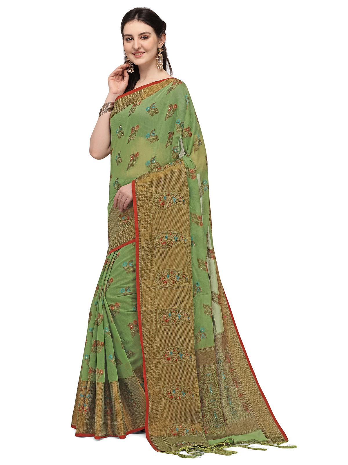 Odette Women Pista Colour Banarasi Silk Madhubani Work Saree With Unstitched Blouse - Image 3